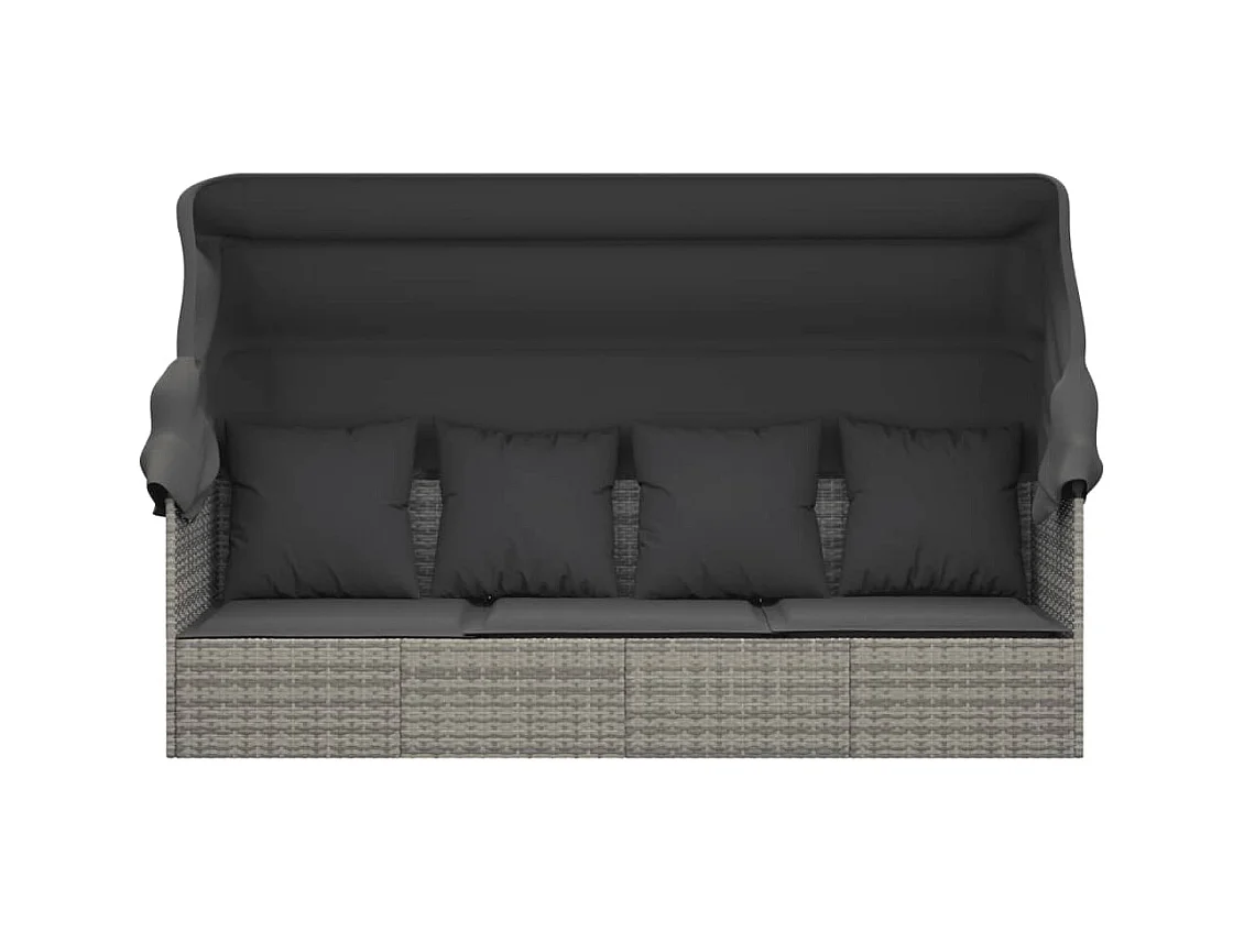 Cama de exterior con techo y cojines en resina tejida gris