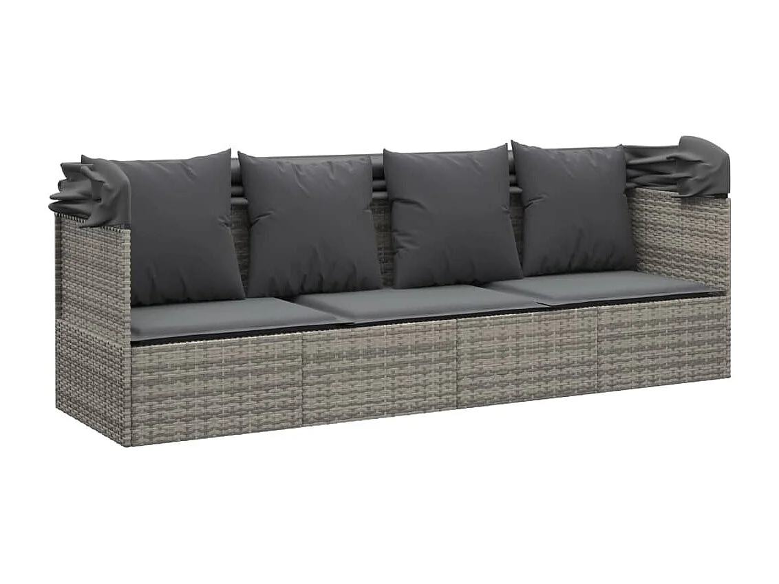 Cama de exterior con techo y cojines en resina tejida gris