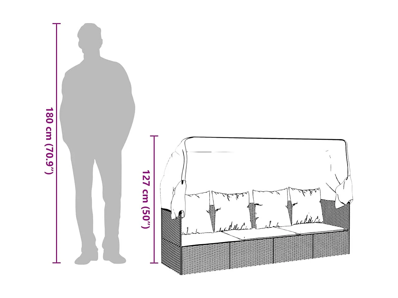 Cama de exterior con techo y cojines en resina tejida gris