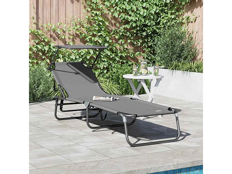 Transat pliant gris avec un auvent en tissu Oxford 600D