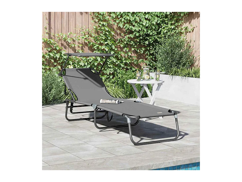 Transat pliant gris avec un auvent en tissu Oxford 600D