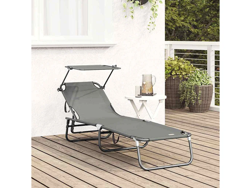 Transat pliant gris avec un auvent en tissu Oxford 600D