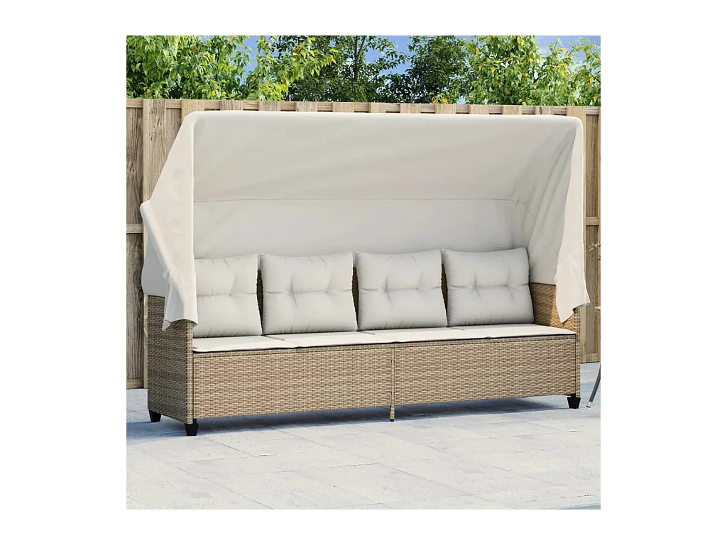 Chaiselongue mit Baldachin und beigefarbenen Kissen aus gewebtem Harz