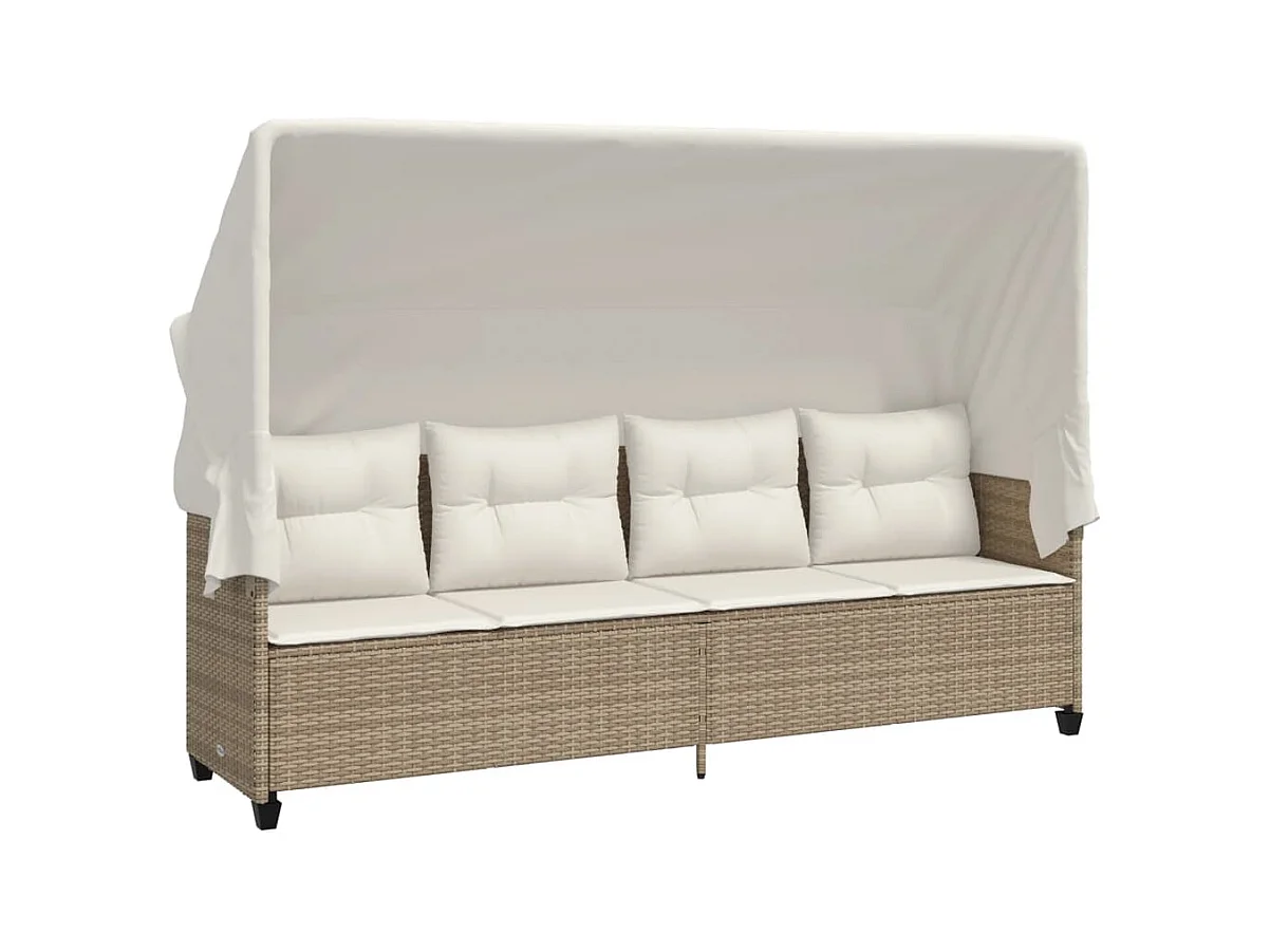 Chaiselongue mit Baldachin und beigefarbenen Kissen aus gewebtem Harz