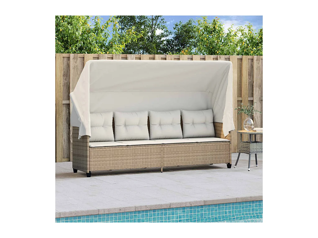 Chaiselongue mit Baldachin und beigefarbenen Kissen aus gewebtem Harz