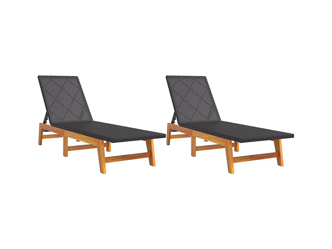 Set van 2 zwart/bruine loungestoelen van geweven hars/acaciahout