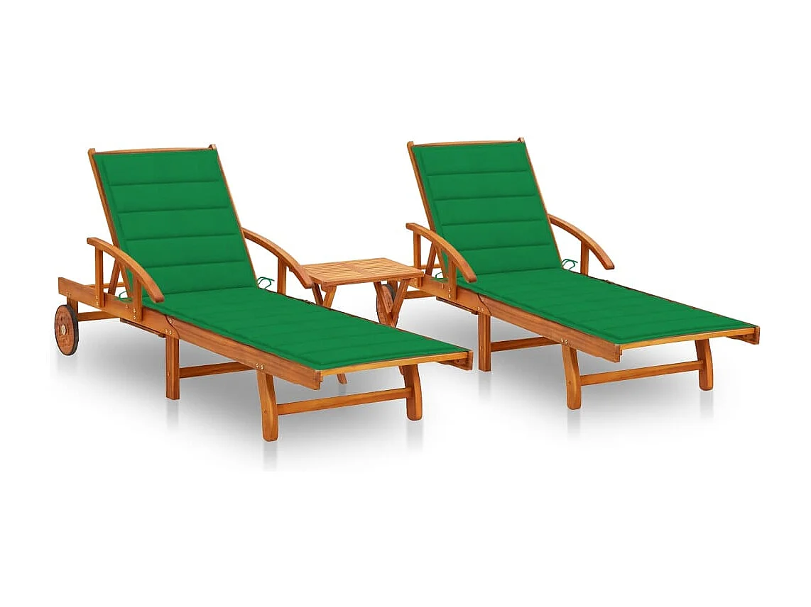 Chaises longues lot de 2 avec table et coussins Acacia solide
