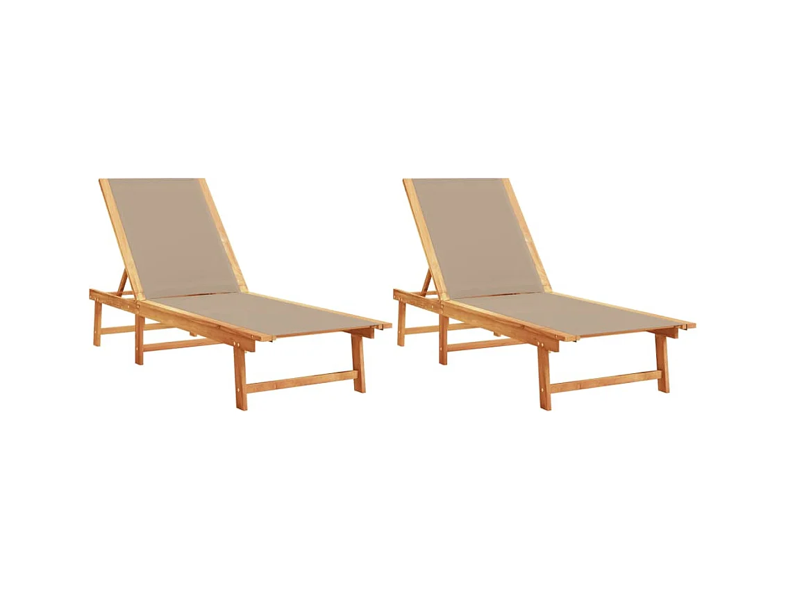 2er-Set Liegestühle in Taupe aus massivem Akazienholz und Textilene