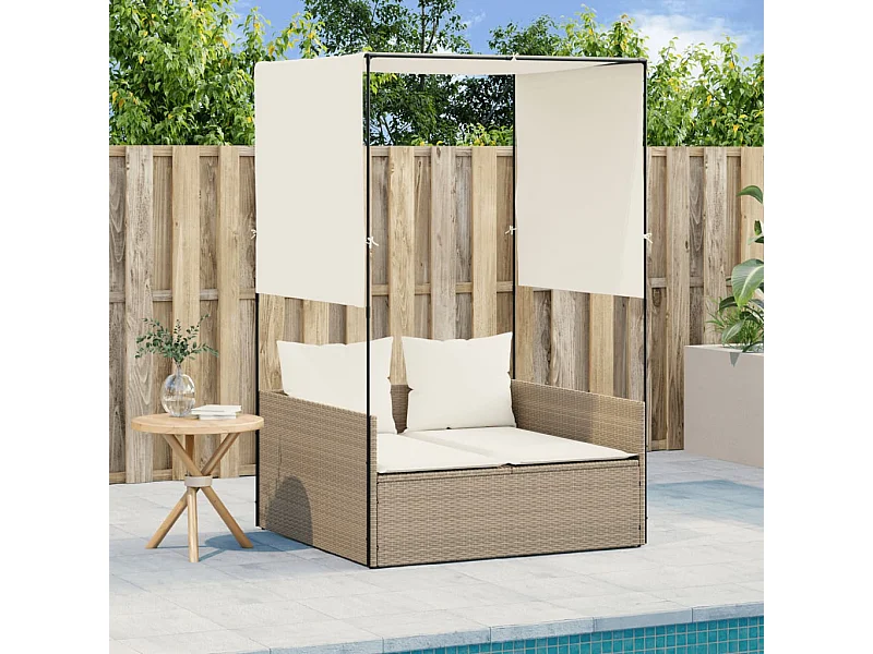 Dubbele chaise longue met dak en beige geweven harsgordijnen