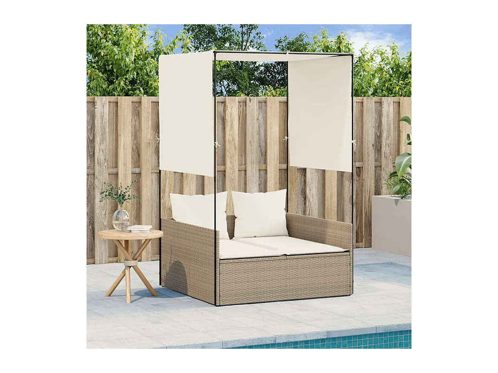 Dubbele chaise longue met dak en beige geweven harsgordijnen