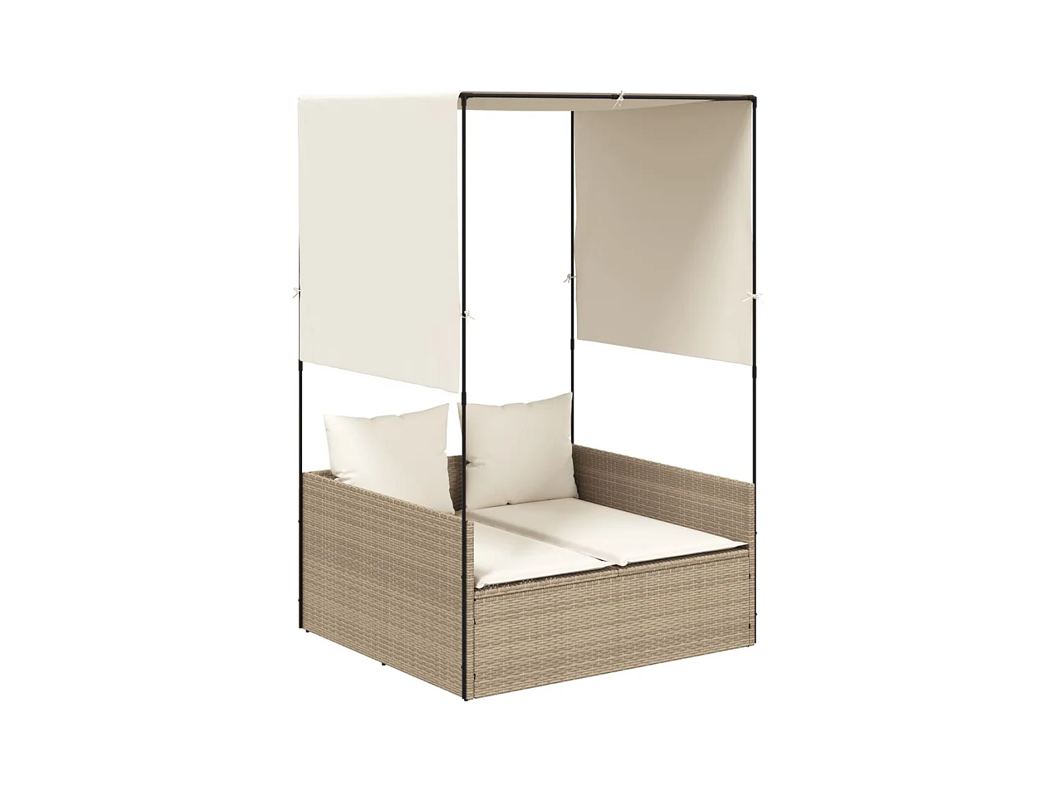 Dubbele chaise longue met dak en beige geweven harsgordijnen