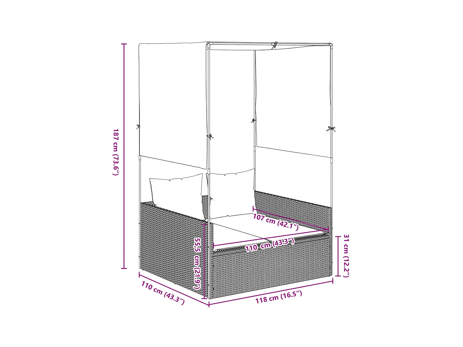 Dubbele chaise longue met dak en beige geweven harsgordijnen