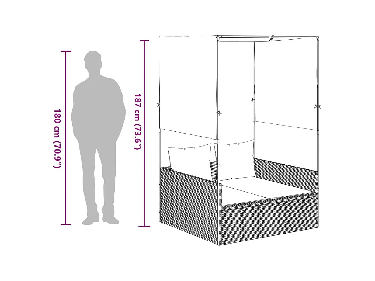 Dubbele chaise longue met dak en beige geweven harsgordijnen