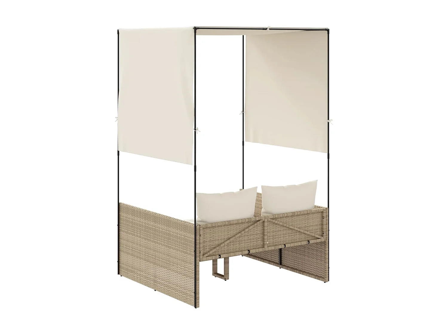 Chaise longue doppia con tetto e tende in resina intrecciata beige