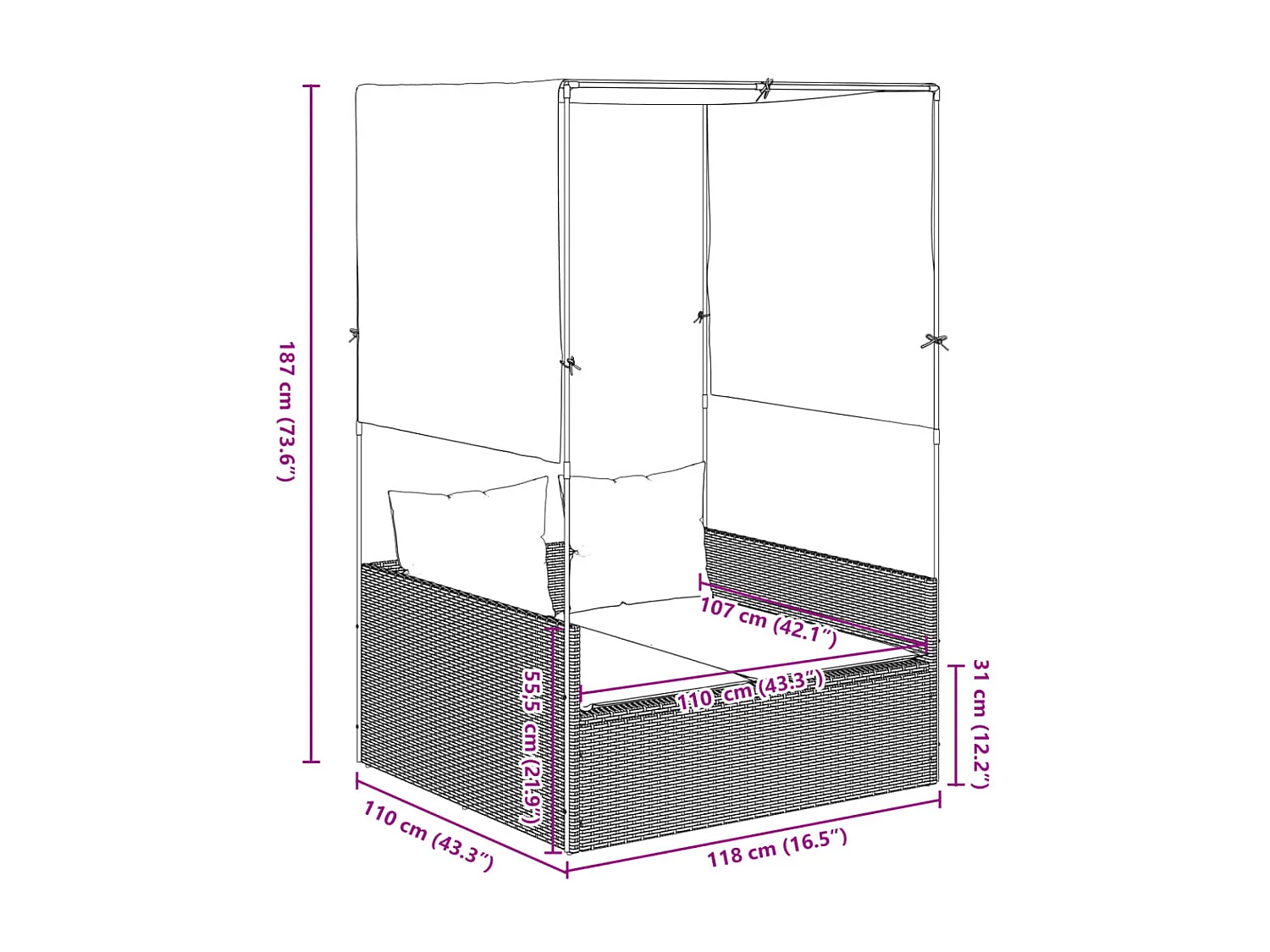 Chaise longue doppia con tetto e tende in resina intrecciata beige
