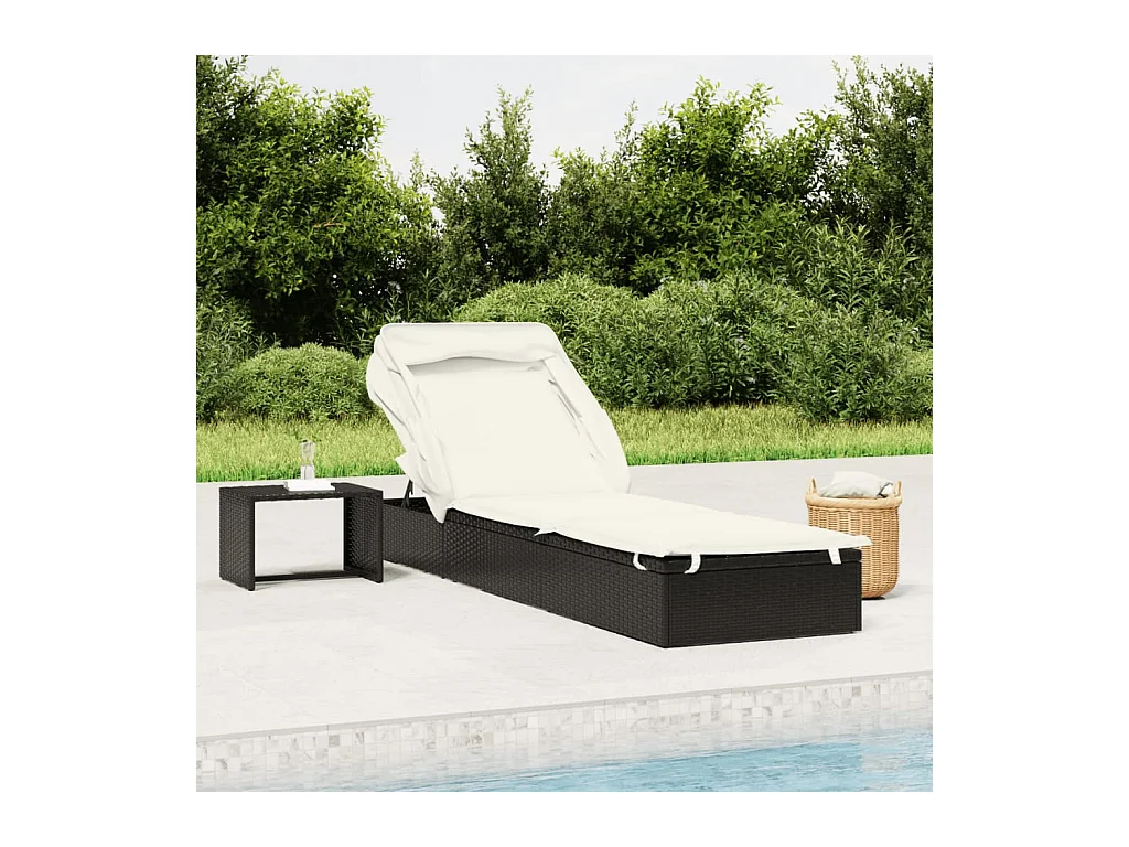 Tumbona con techo plegable negro 213x63x97 cm resina tejida