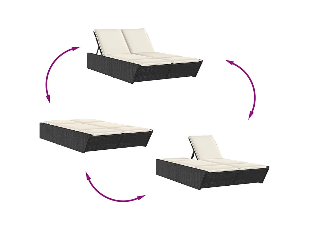 Dubbele chaise longue met zwarte kunsthars rieten kussens