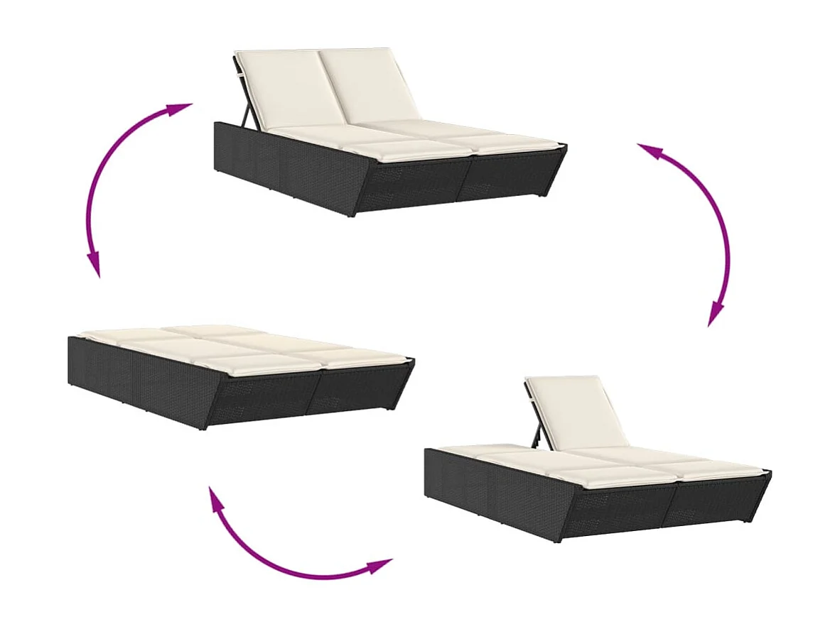 Chaise longue doppia con cuscini in vimini di resina nera