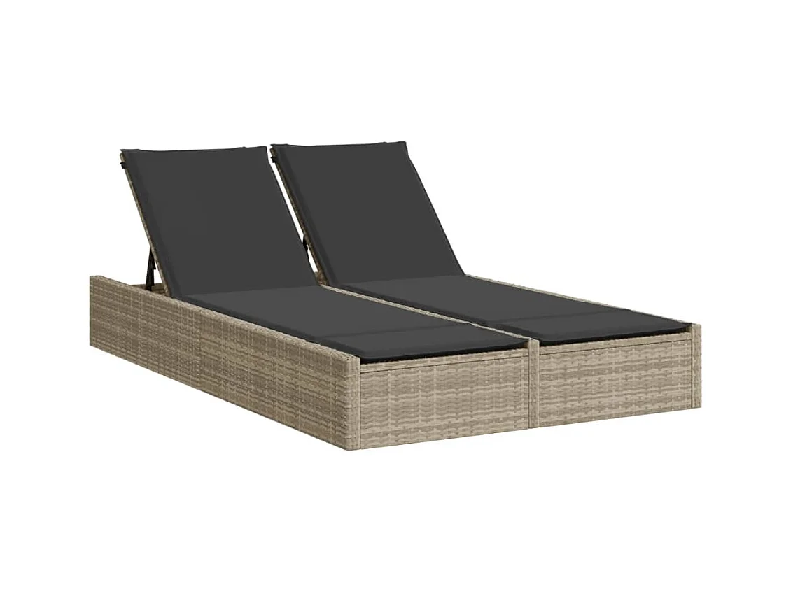 Chaise longue doble con cojines gris claro en resina trenzada