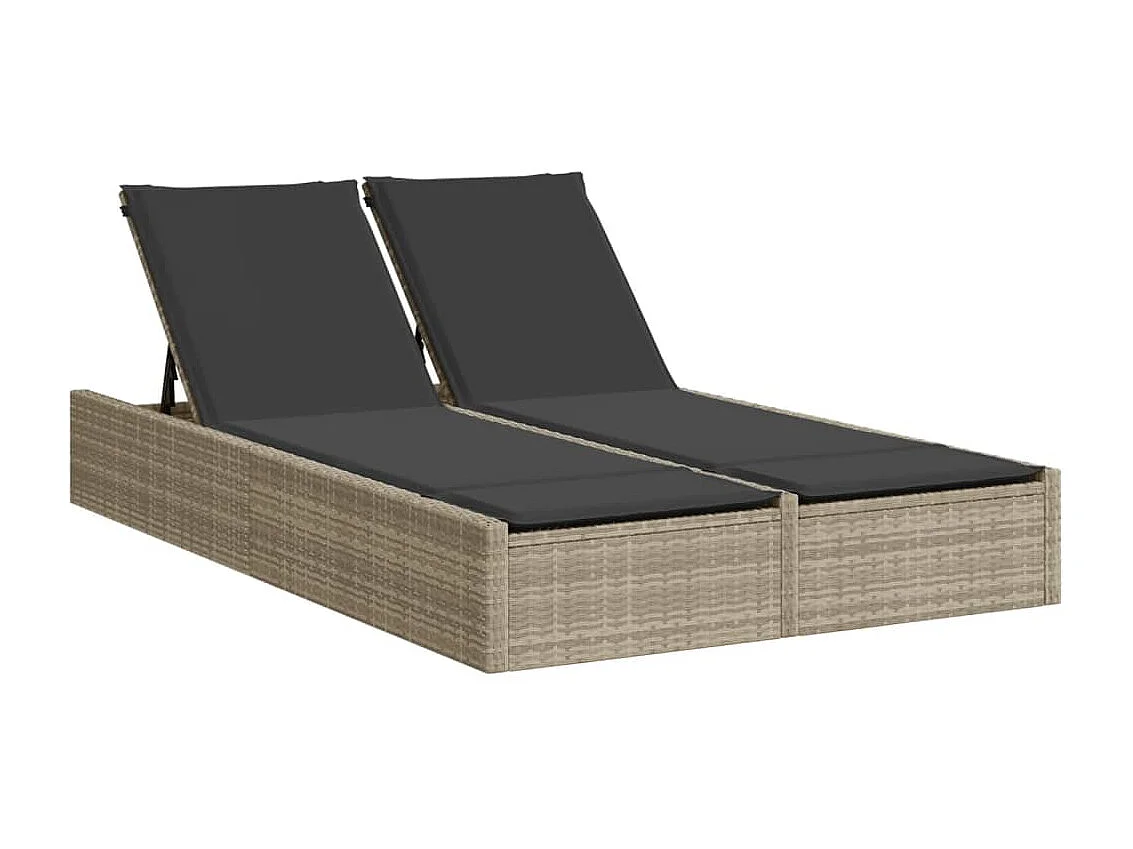 Chaise longue doble con cojines gris claro en resina trenzada