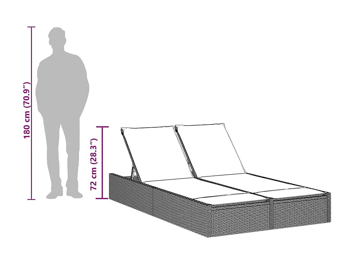 Chaise longue doble con cojines gris claro en resina trenzada