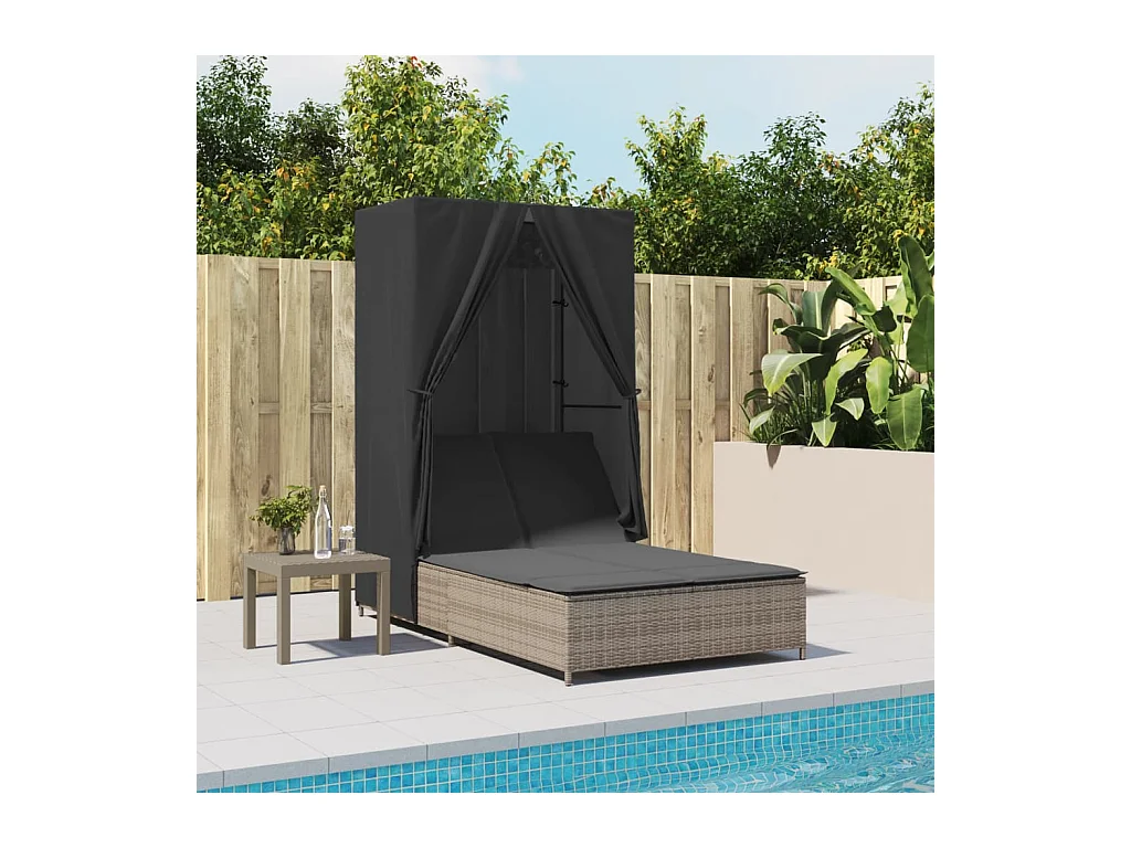 Chaise longue doppia con tetto e tende in resina intrecciata grigia