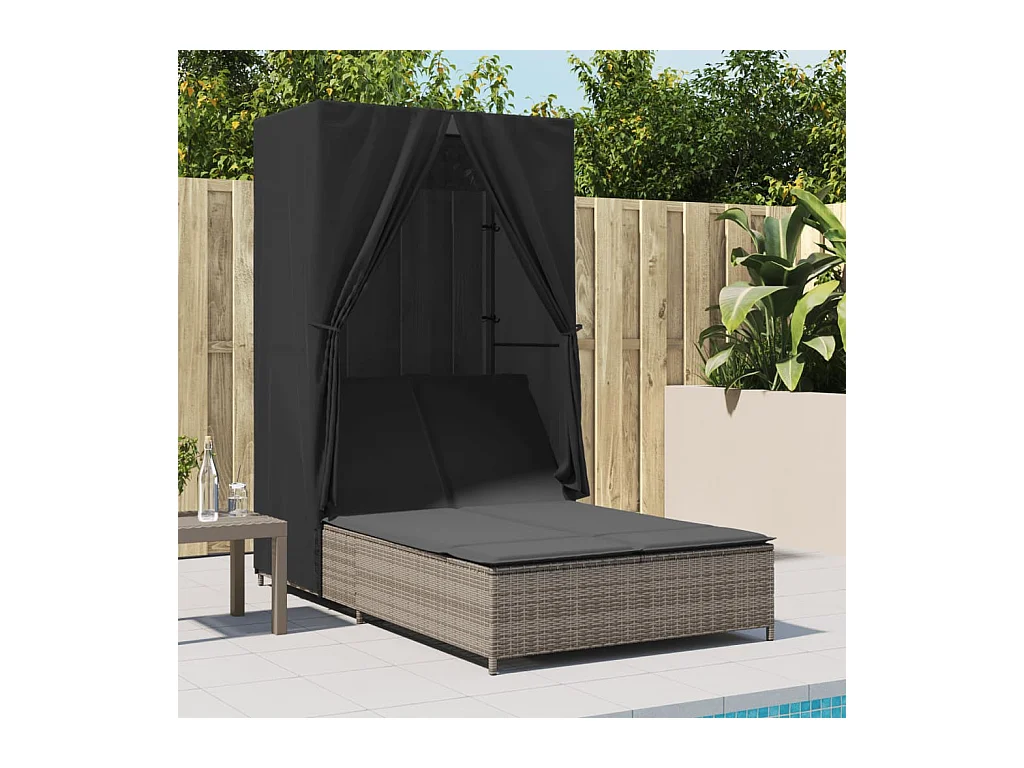 Chaise longue doppia con tetto e tende in resina intrecciata grigia