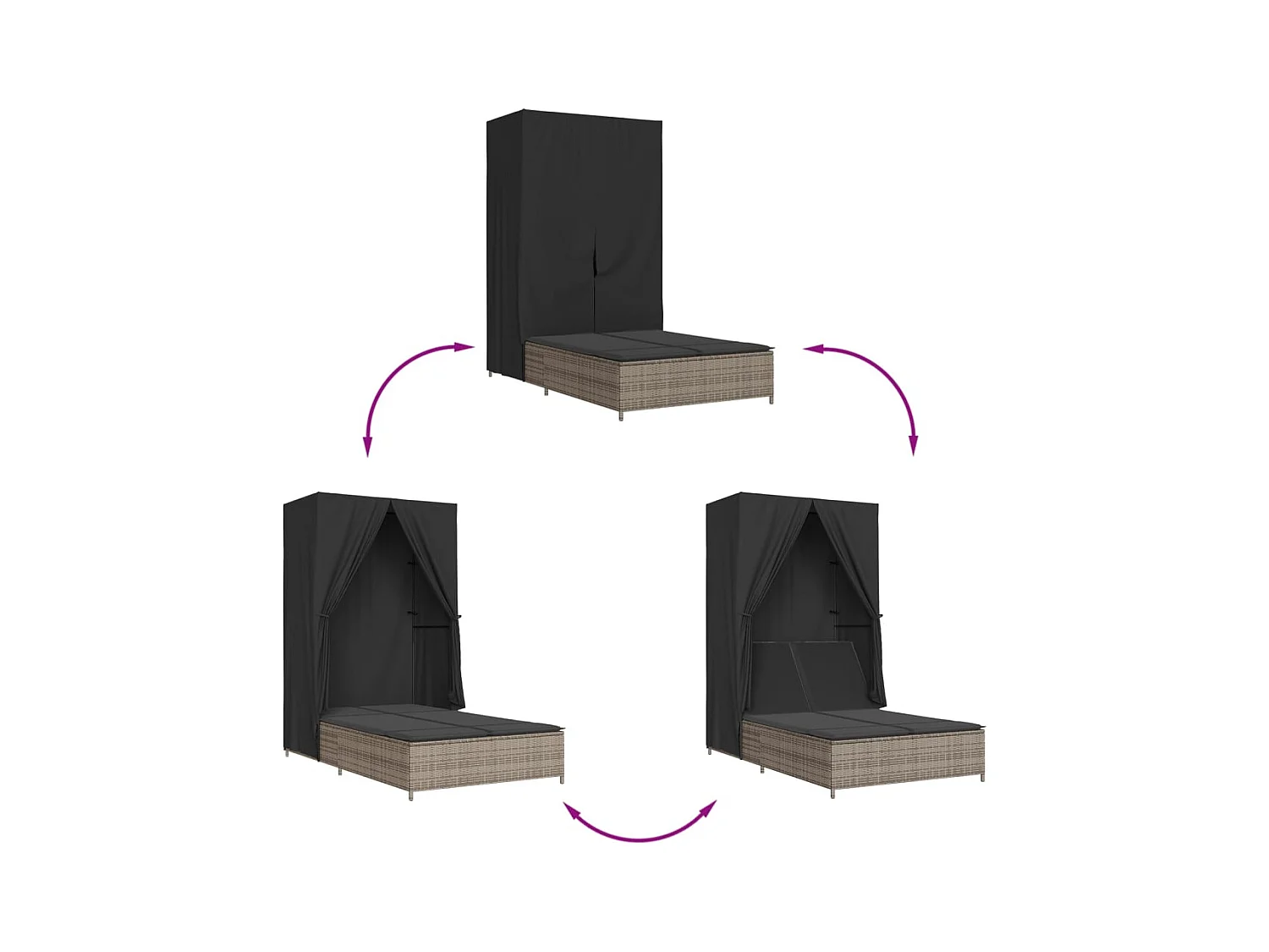 Chaise longue doppia con tetto e tende in resina intrecciata grigia