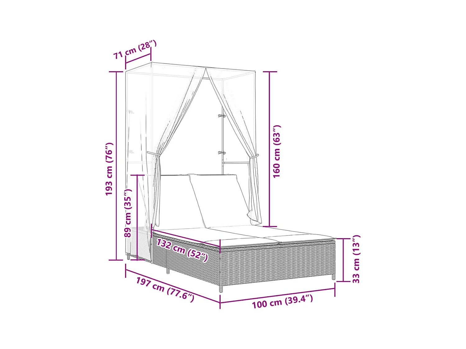 Chaise longue doppia con tetto e tende in resina intrecciata grigia