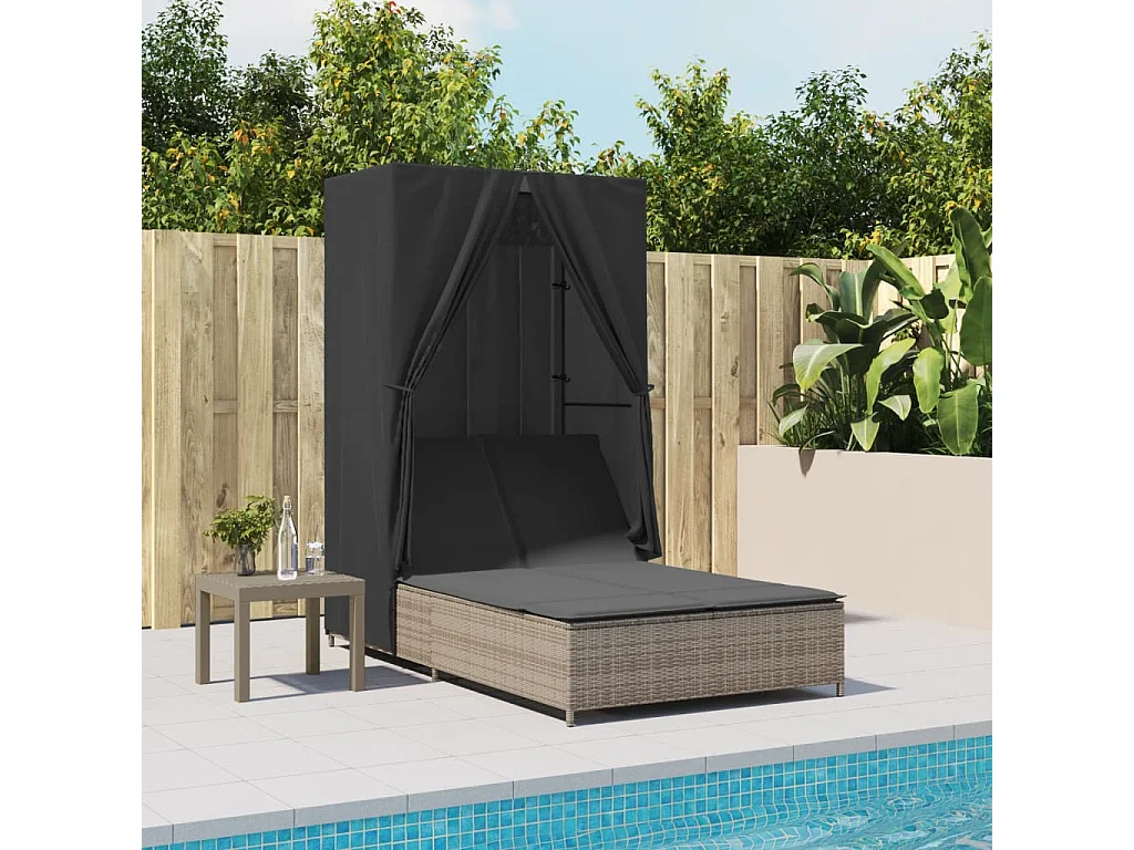 Chaise longue doppia con tetto e tende in resina intrecciata grigia