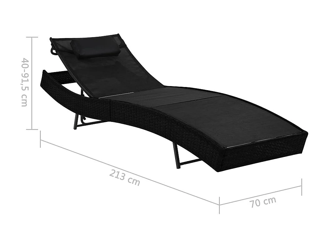 Chaise longue e tavolo 2 pezzi in resina intrecciata e textilene, nero