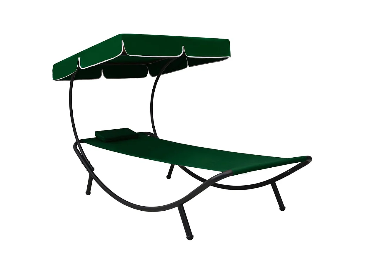 Tuinligstoel met luifel en groen kussen