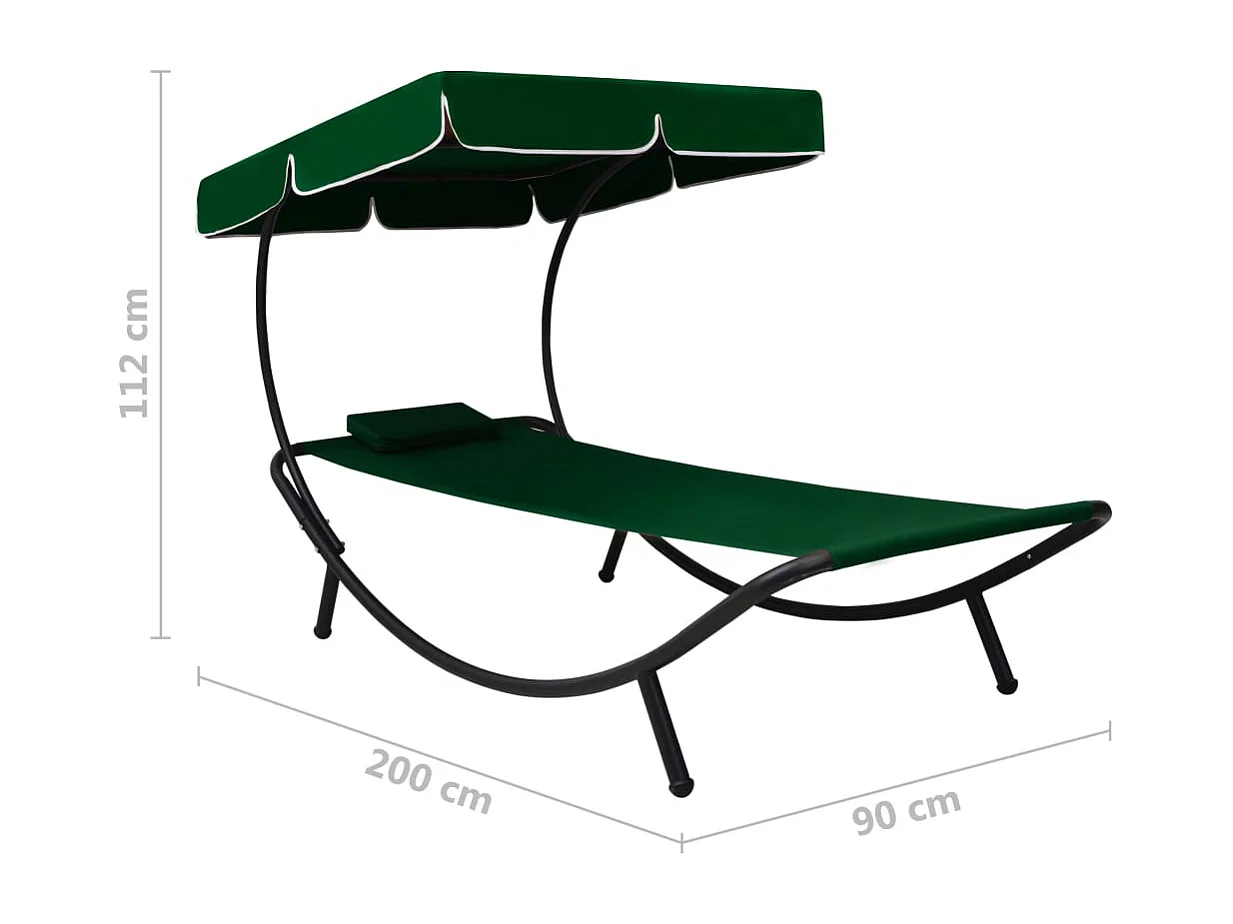 Tuinligstoel met luifel en groen kussen
