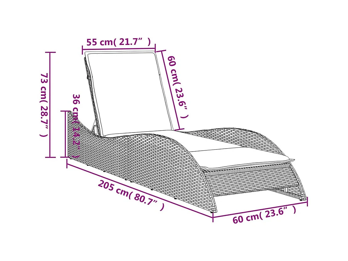 Chaise longue met zwart kussen 60x205x73 cm geweven hars