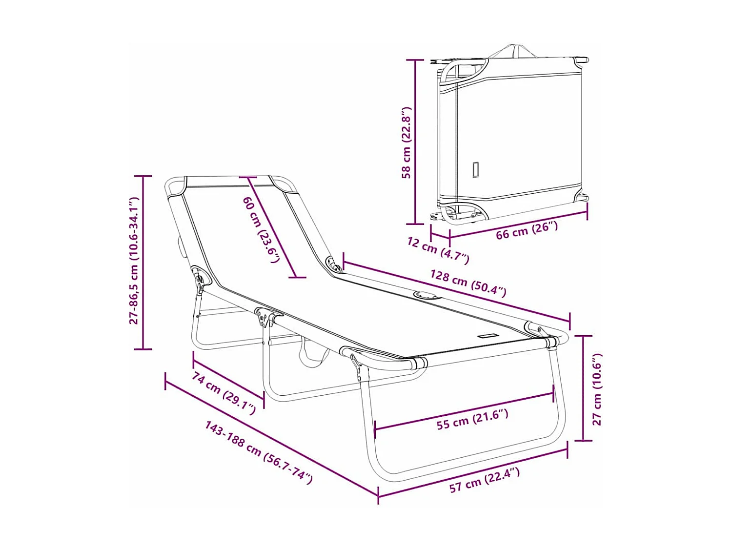 Chaise longue pliante 1-personne Noir 56 x 189 x 87 cm tissu