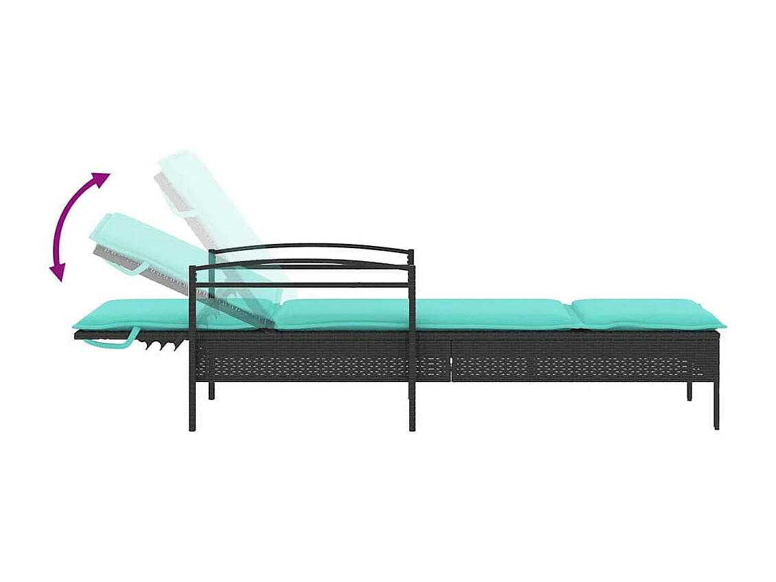 Zwarte ligstoel met kussen, 63 x 200 x 81 cm, van synthetisch rotan