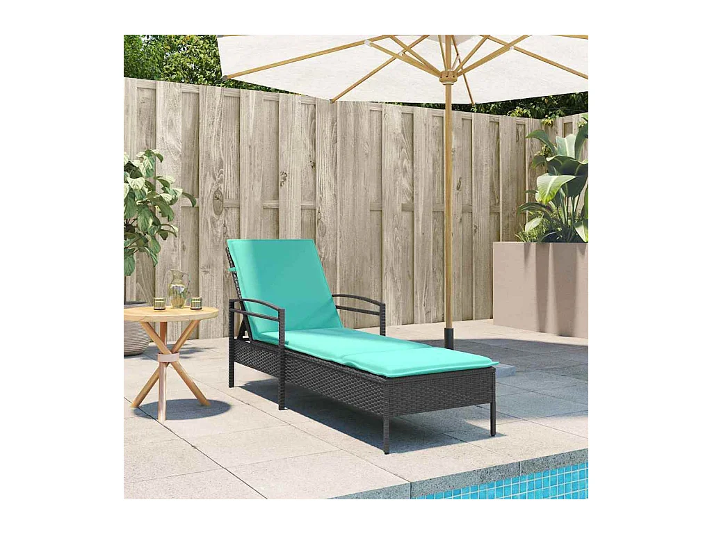 Transat noir avec coussin, 63 x 200 x 81 cm, en rotin synthétique