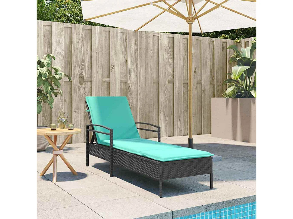 Transat noir avec coussin, 63 x 200 x 81 cm, en rotin synthétique