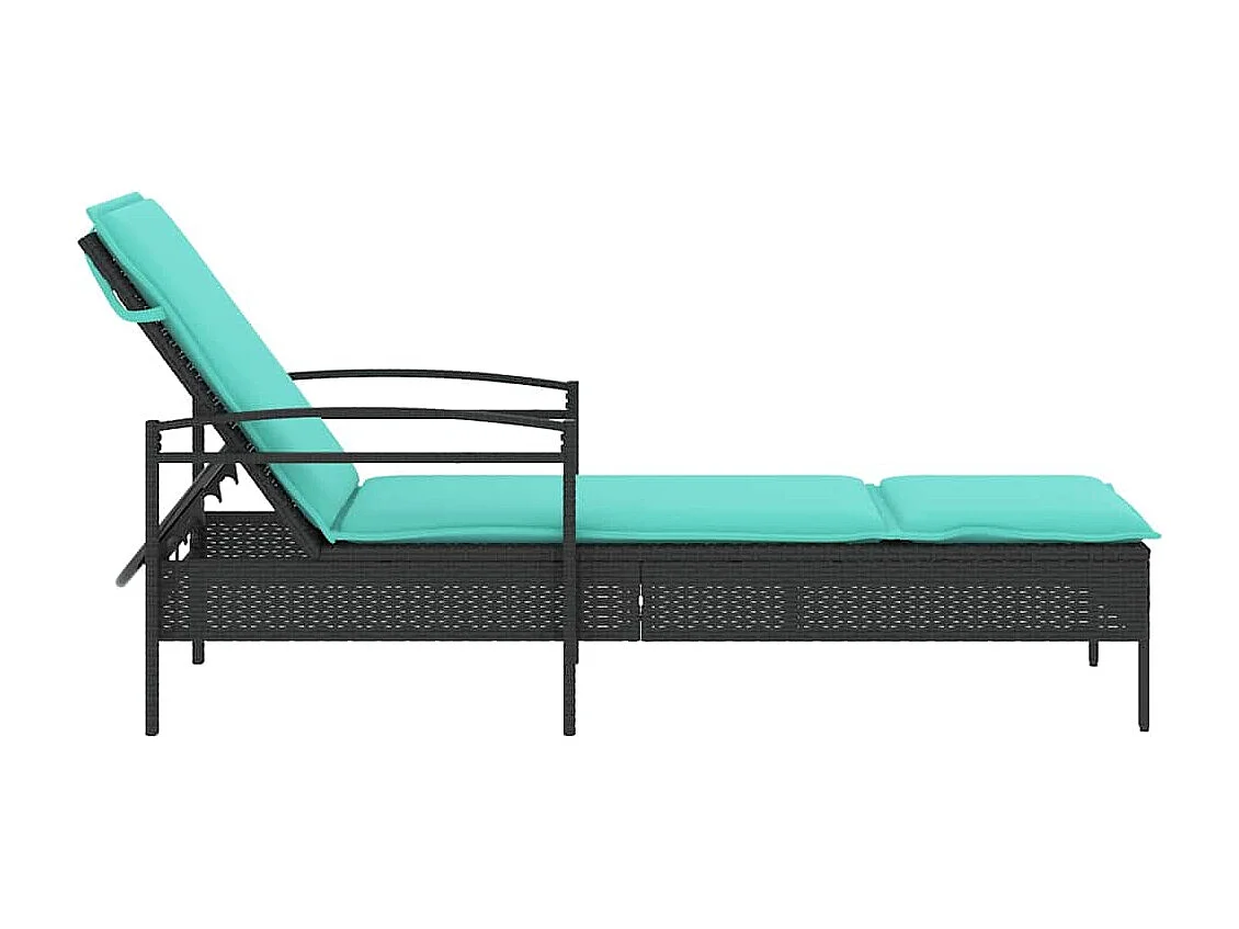 Transat noir avec coussin, 63 x 200 x 81 cm, en rotin synthétique