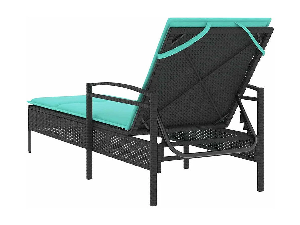 Transat noir avec coussin, 63 x 200 x 81 cm, en rotin synthétique