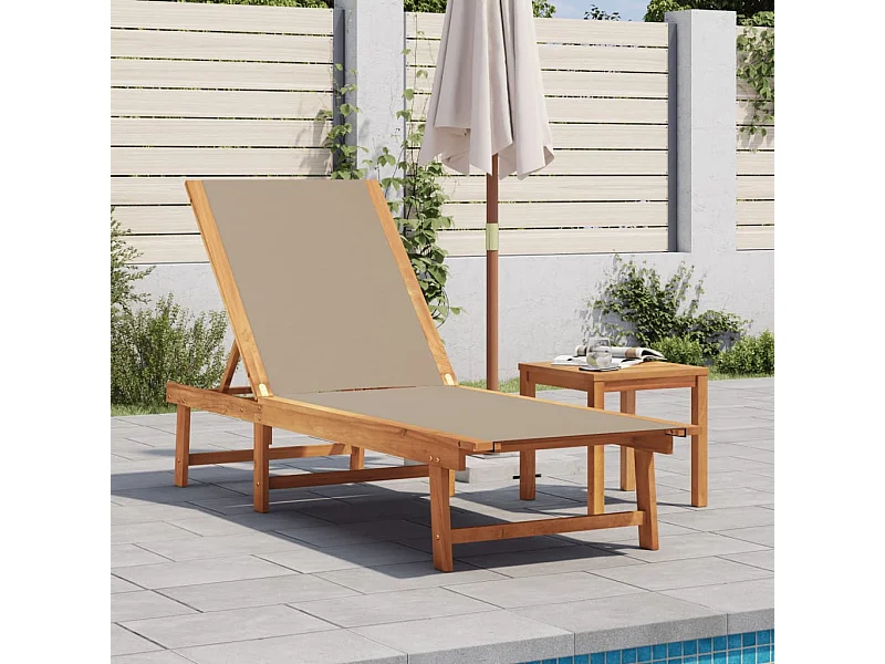 Taupe chaise longue en tafel in massief acaciahout en textileen