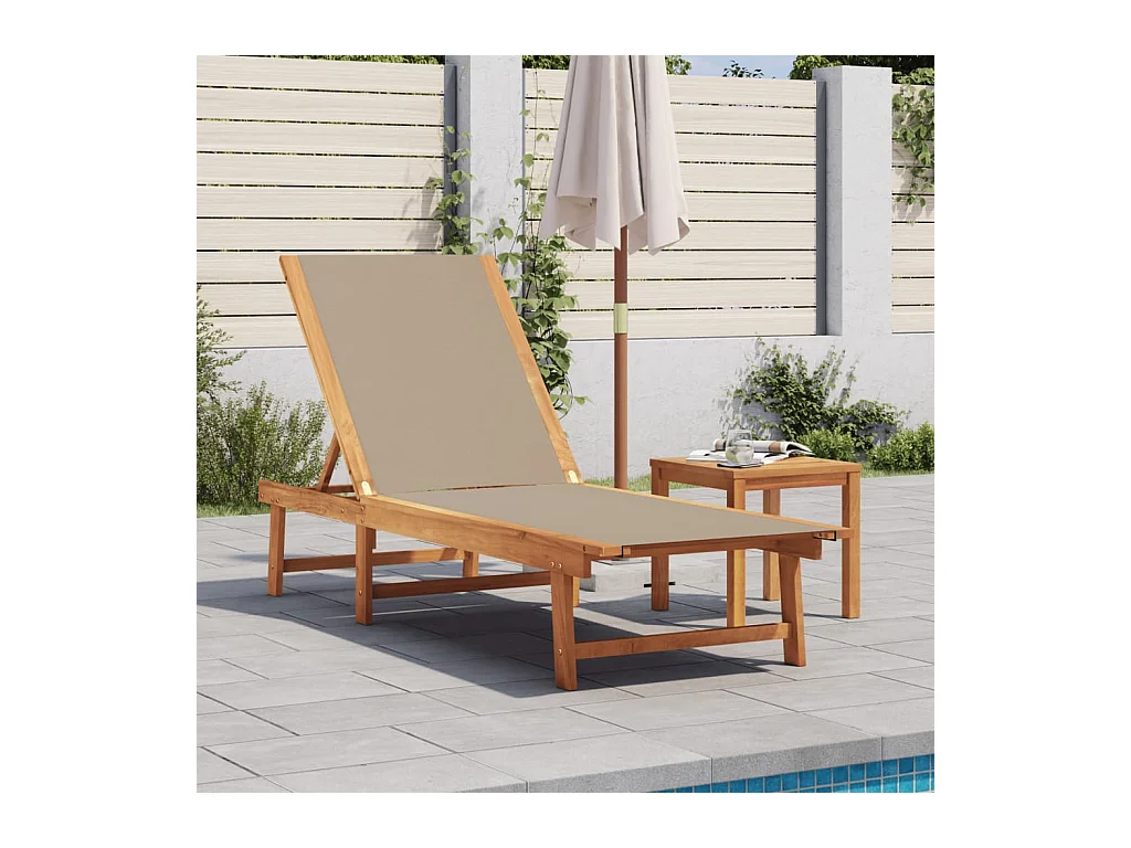 Taupe chaise longue en tafel in massief acaciahout en textileen