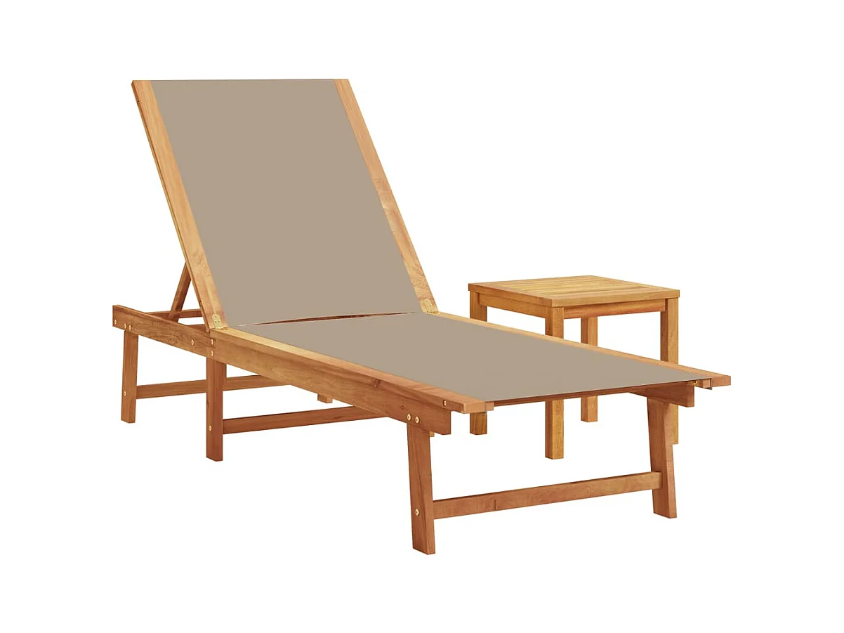 Taupe chaise longue en tafel in massief acaciahout en textileen