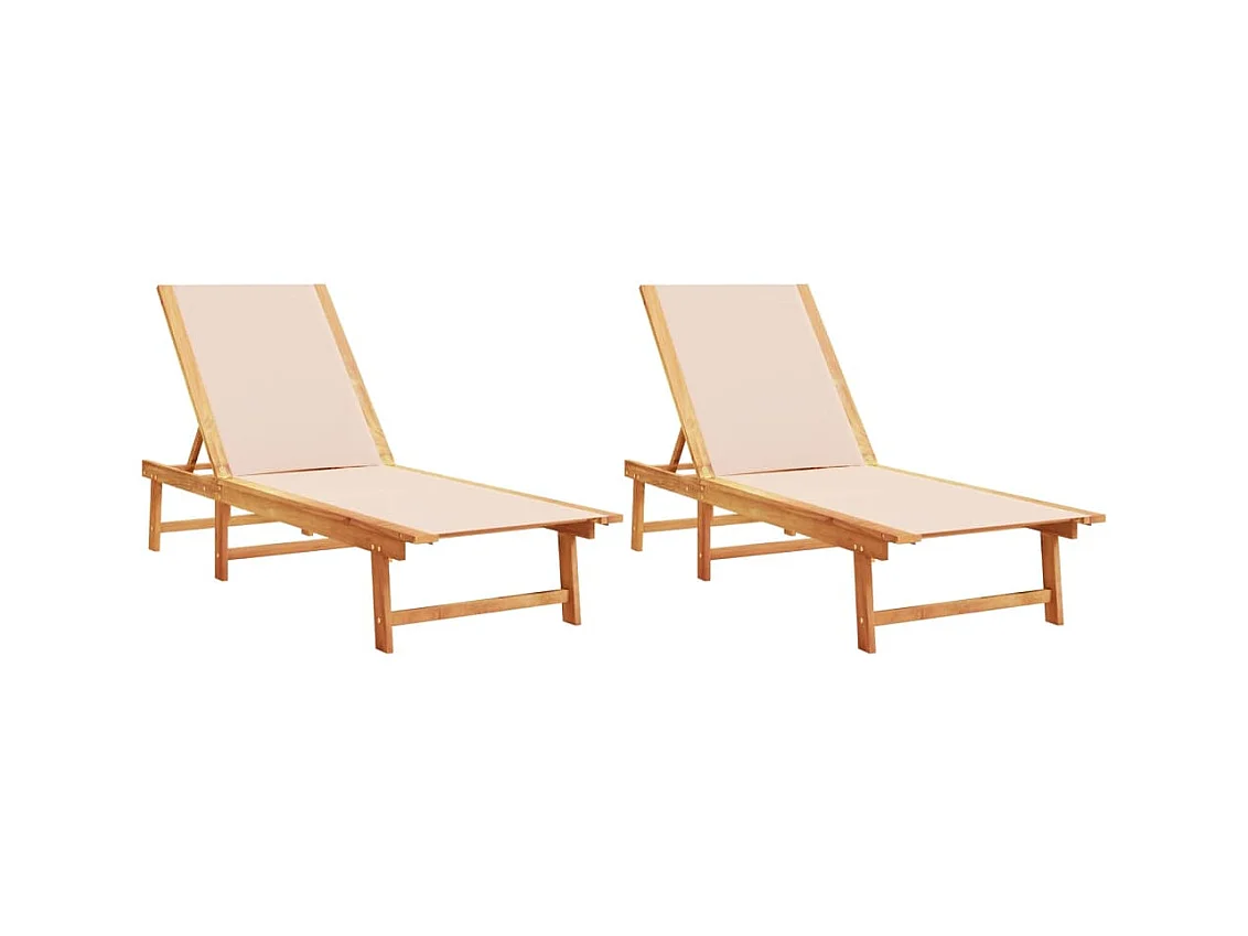 Set van 2 ligstoelen in crème, massief acaciahout en textileen