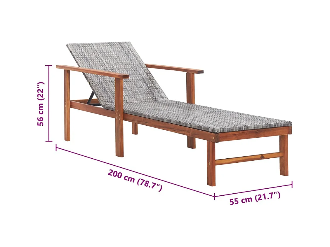 Chaise longue Résine tressée et bois d'acacia massif Gris