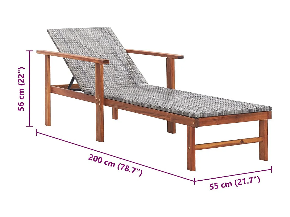 Chaise longue Résine tressée et bois d'acacia massif Gris