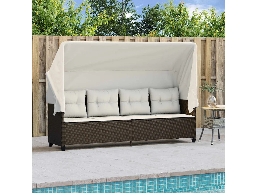 Chaise longue con toldo y cojines de mimbre de resina marrón