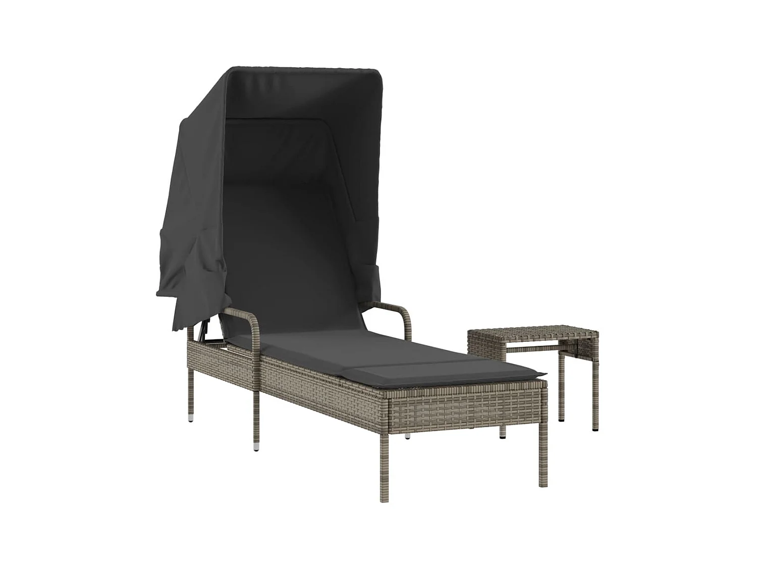 Loungestoel met luifel en tafel in grijs geweven hars