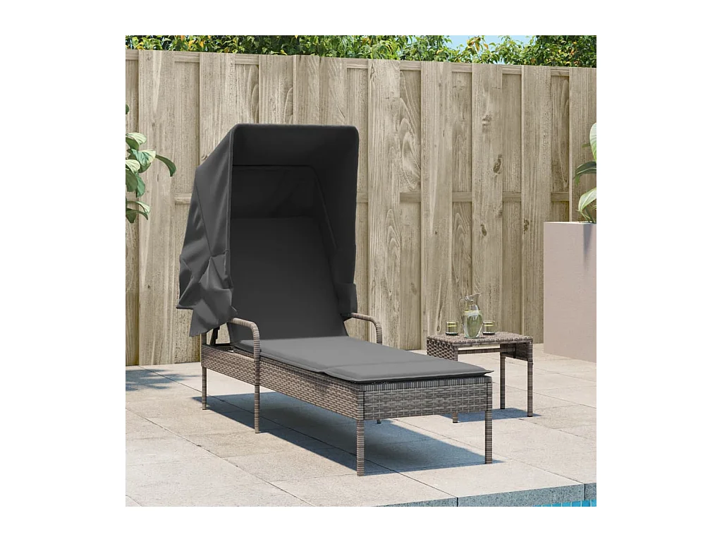 Loungestoel met luifel en tafel in grijs geweven hars