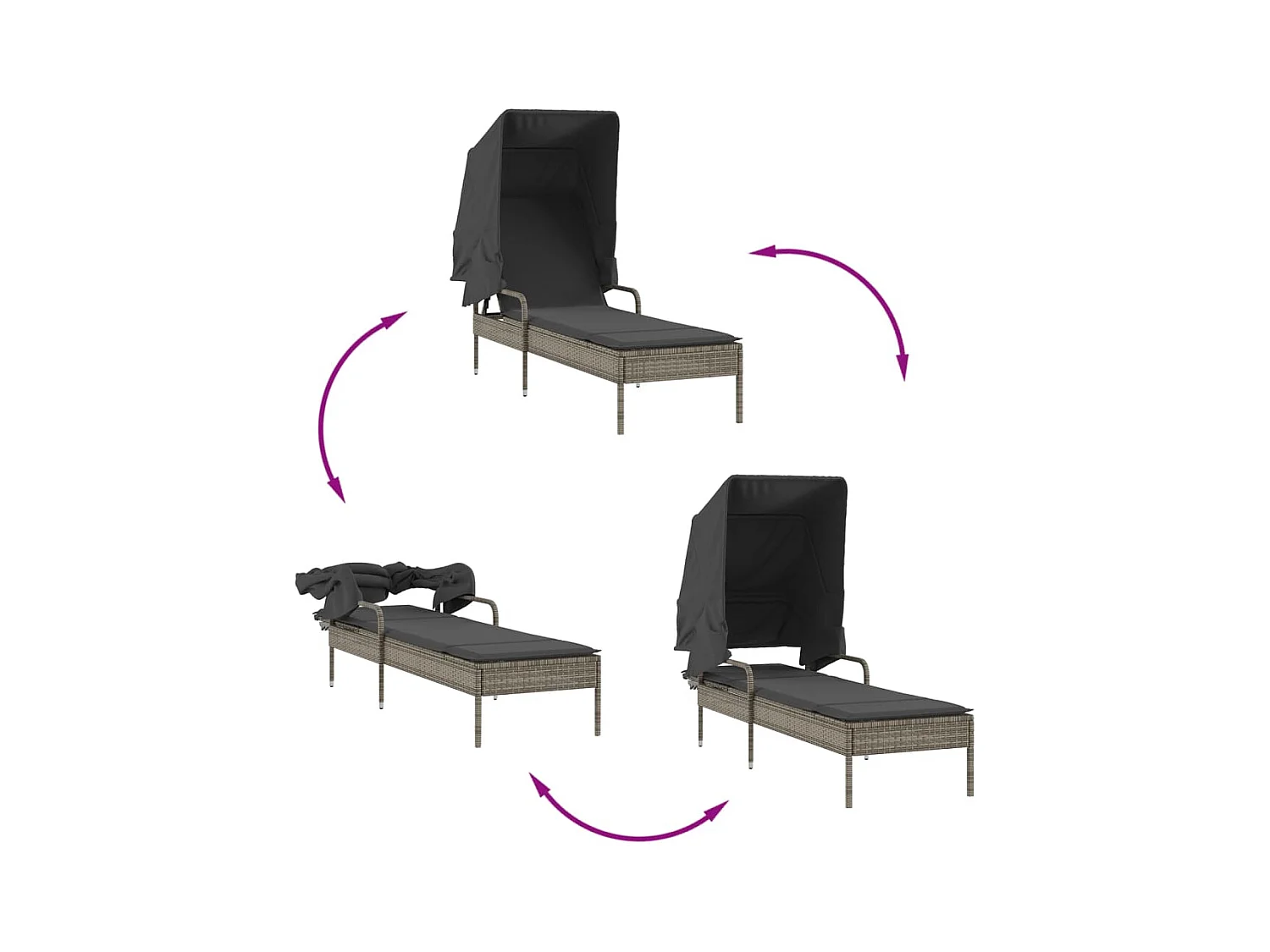 Loungestoel met luifel en tafel in grijs geweven hars